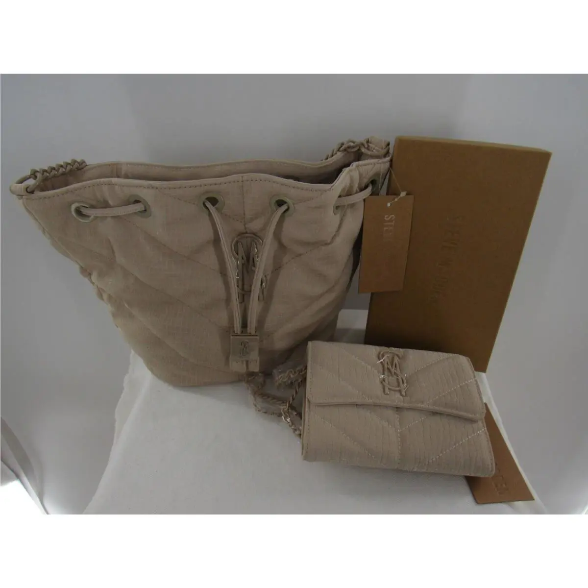 Steve Madden Quilted Tan Solid Logo Suede Matching Crossbody Wallet Set