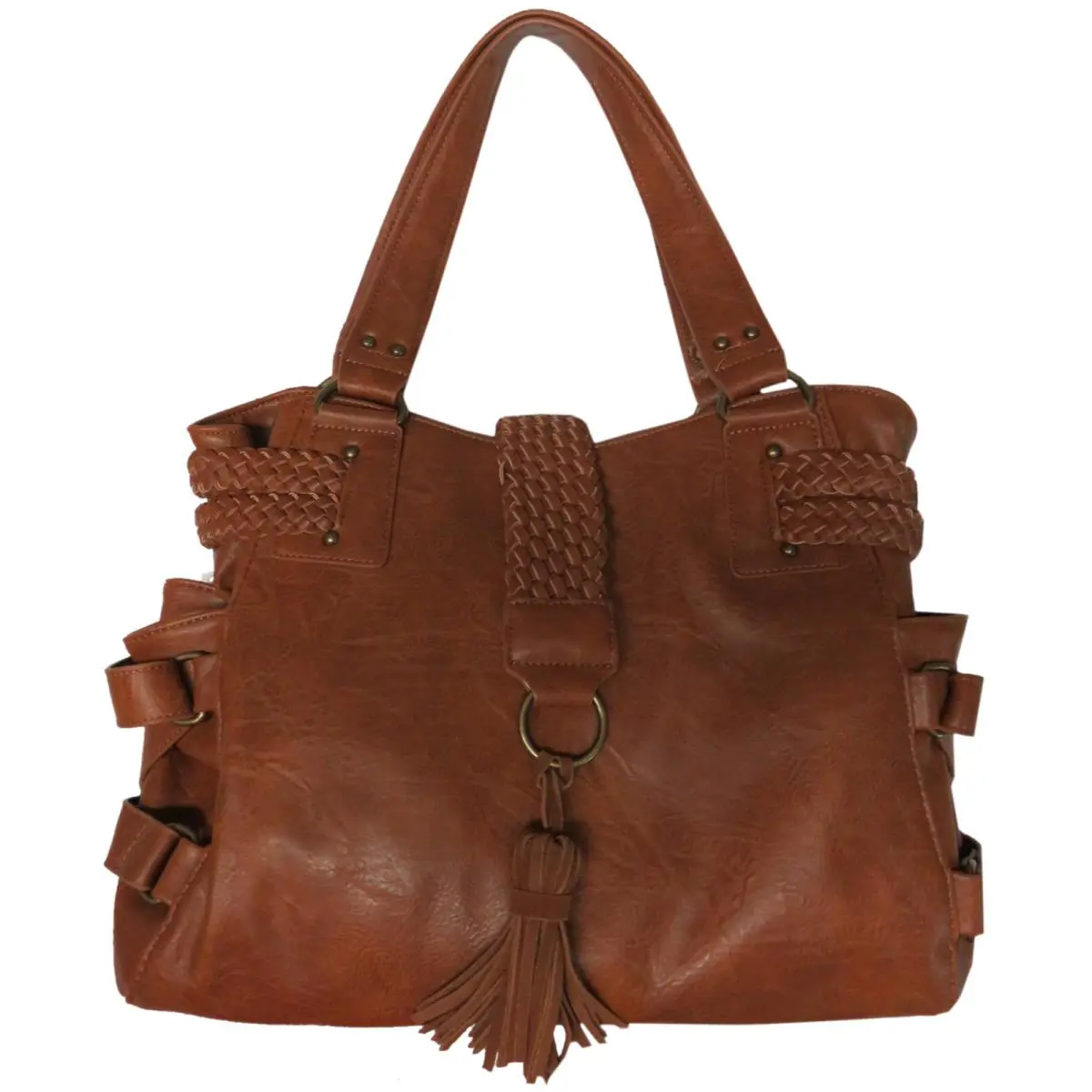 Steve Madden Bsamba Leather Purse Satchel Tote with Braid Cognac