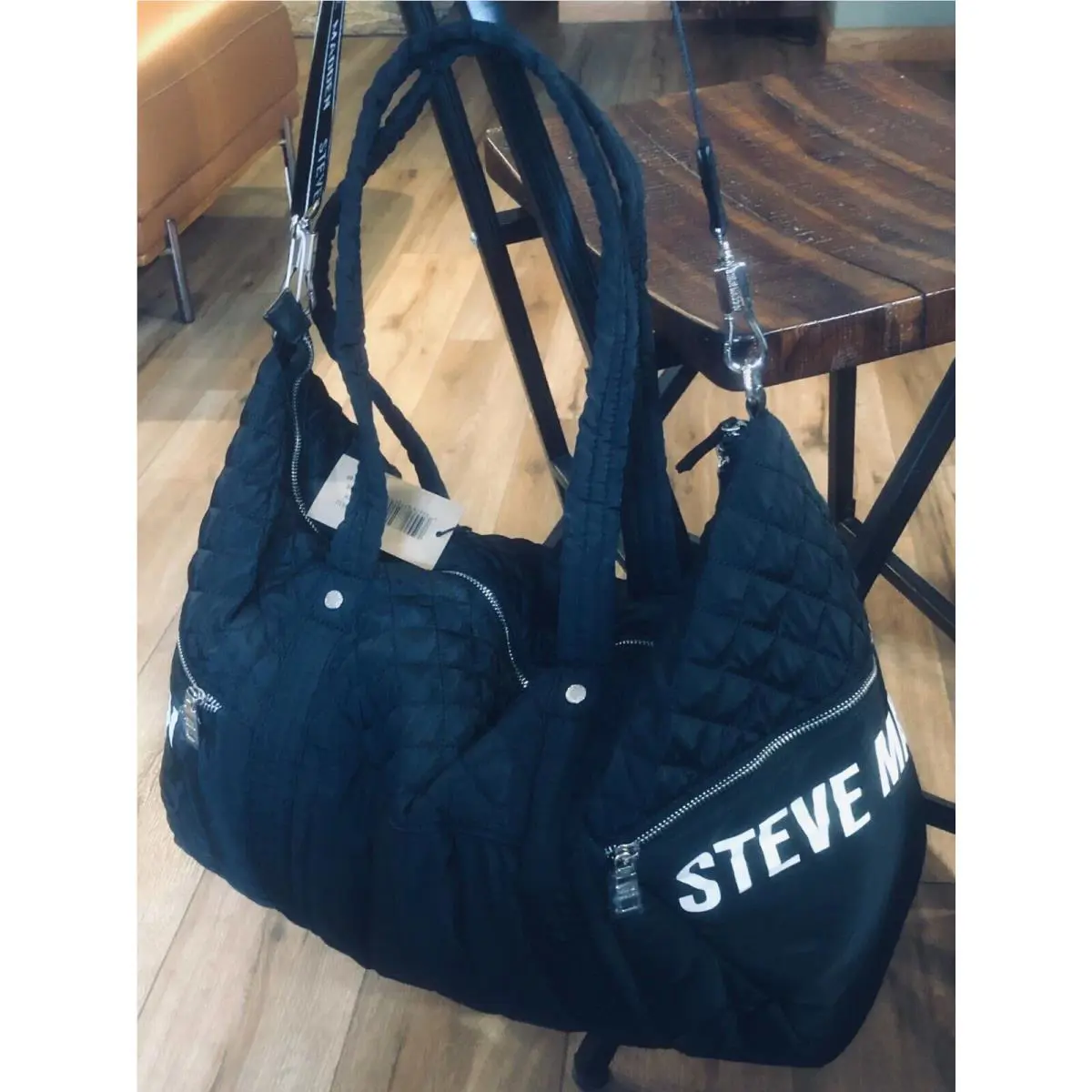 Steve Madden Bwythe Black Nylon Quilted Big Weekender Duffle Bag