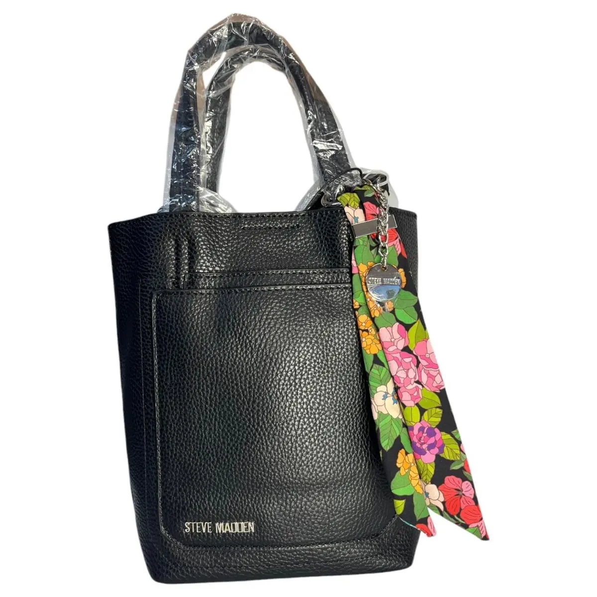Crossbody Womens Vegan Leather Tote Bag Charm Floral Scarf Blk by Steve Madden