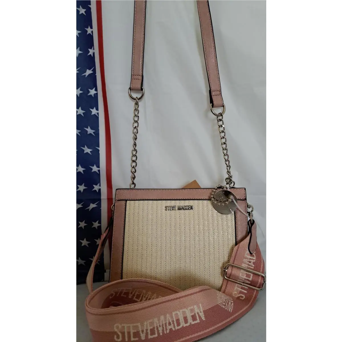 Steve Madden Bgreer Woven 2 Strap Crossbody Bag. Natural Blush
