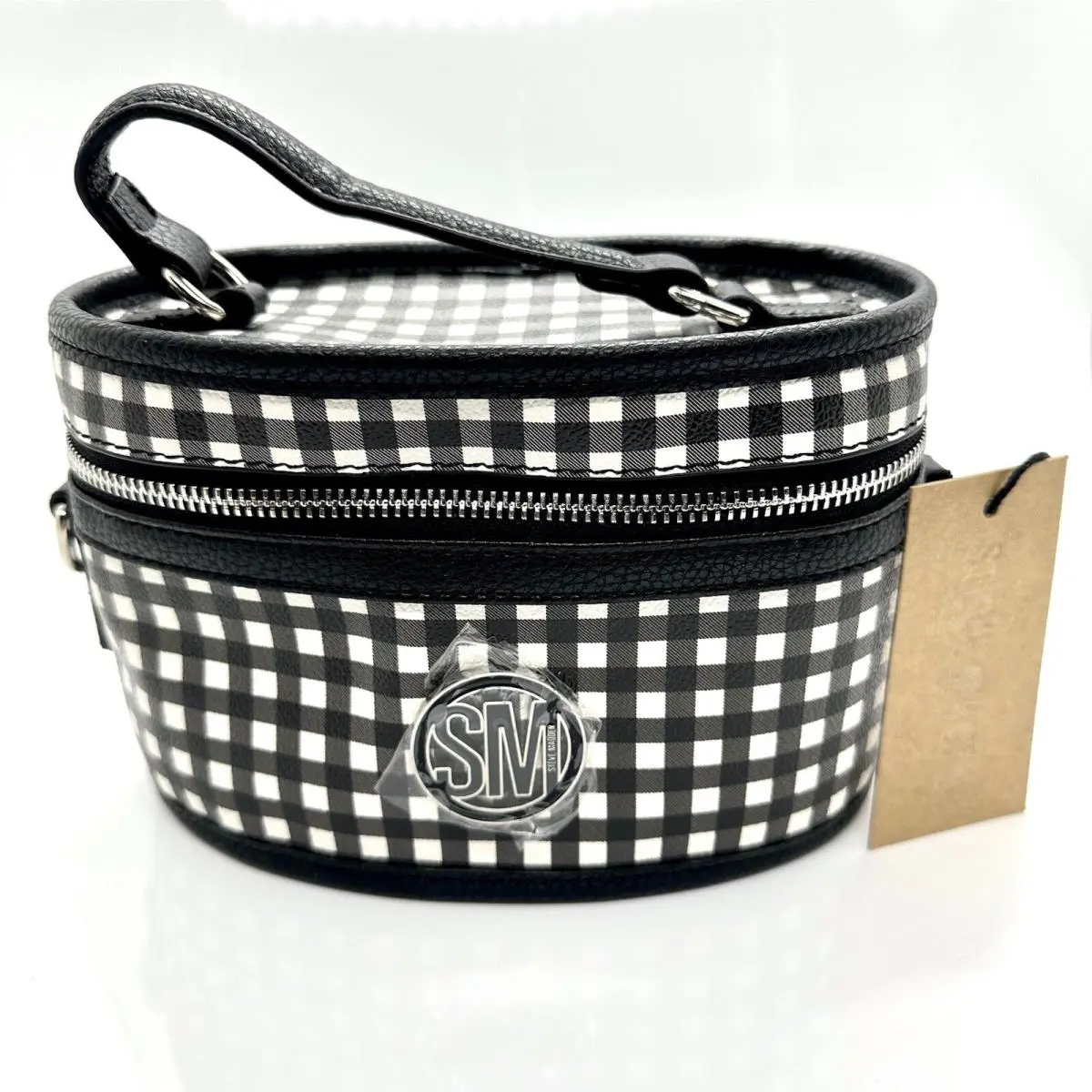 Steve Madden Black White Gingham Structured Train Case Crossbody Plaid Bag