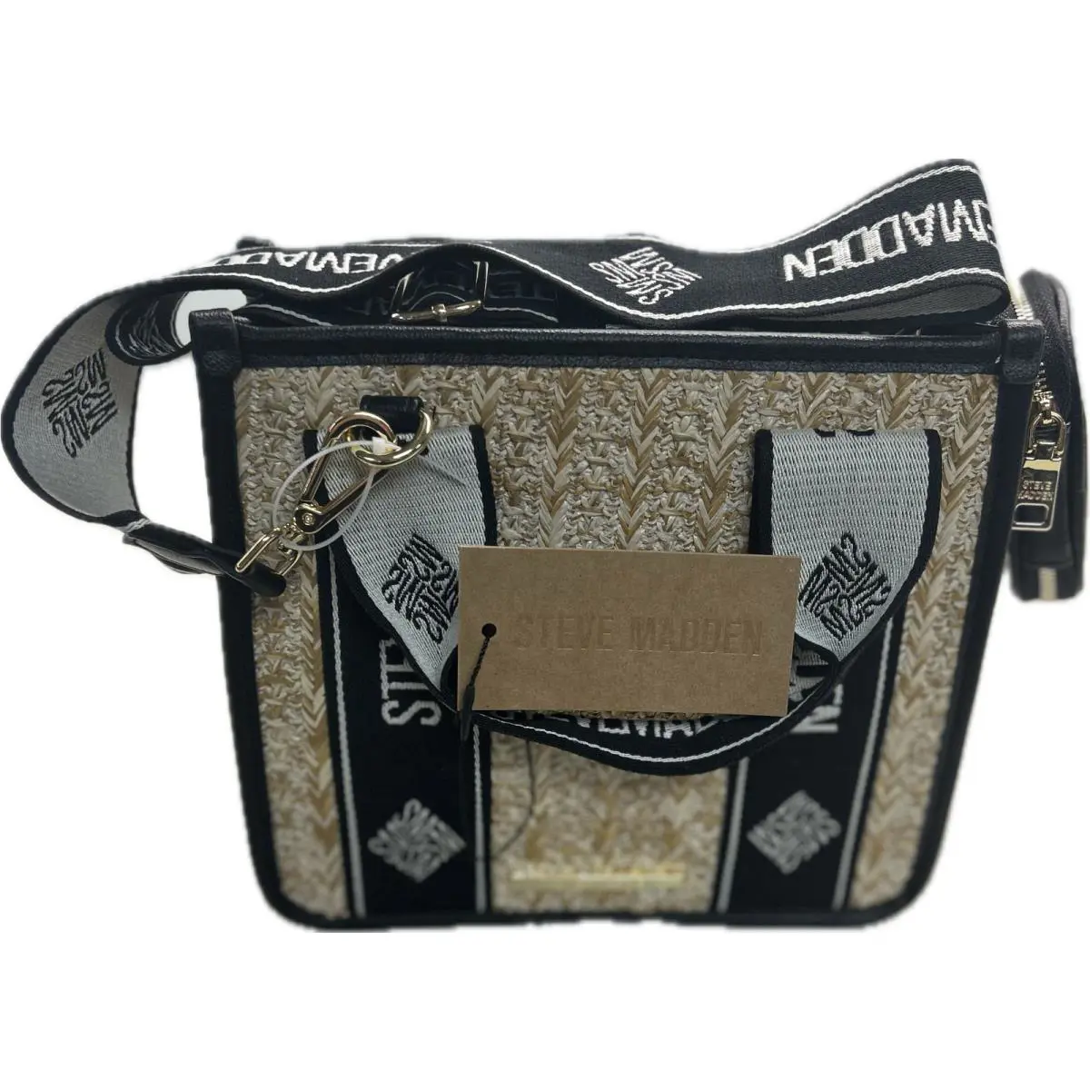 Steve Madden Bwebber Straw Satchel Crossbody Bag W/airpod Case Black/tan