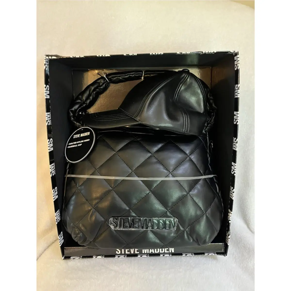 Steve Madden Black Gift Set Quilted Nylon Hobo Baseball Cap Leather Look