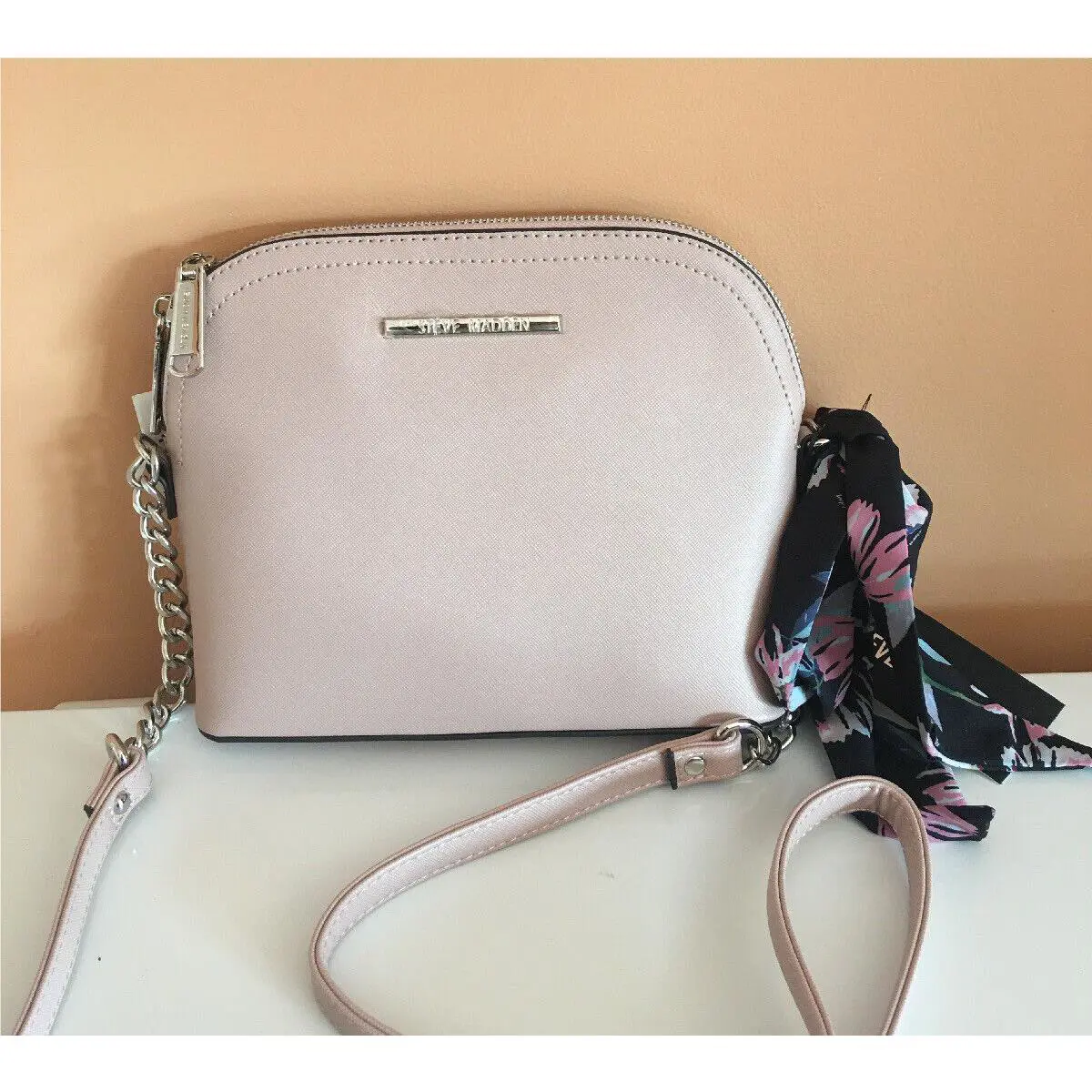 Steve Madden Handbag Bmaggie Scarf Blush Cross Body Dome Silver Tone Hardware