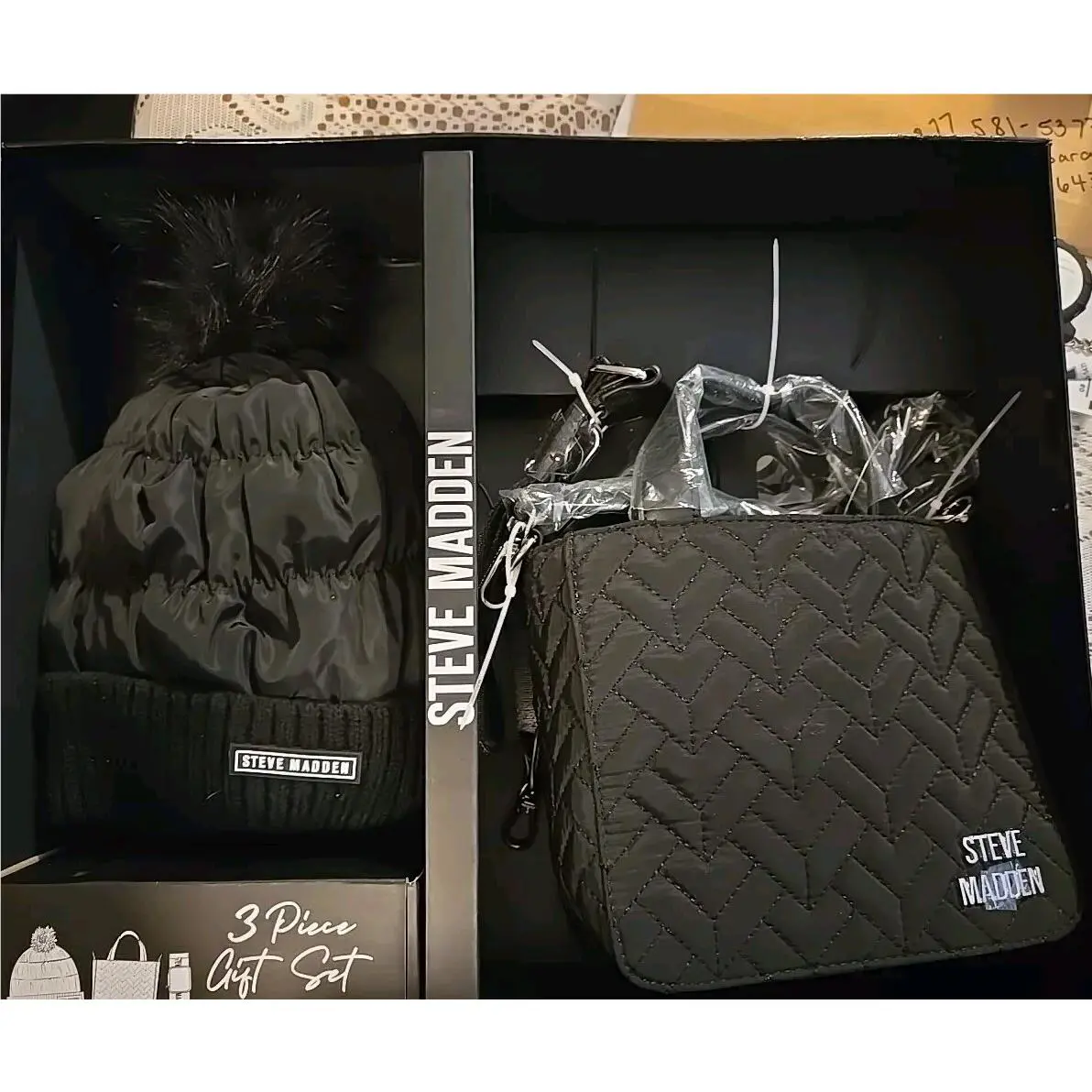 Steve Madden 3 Piece Gift Set Black Crossbody Bag Earbud Case and Hat