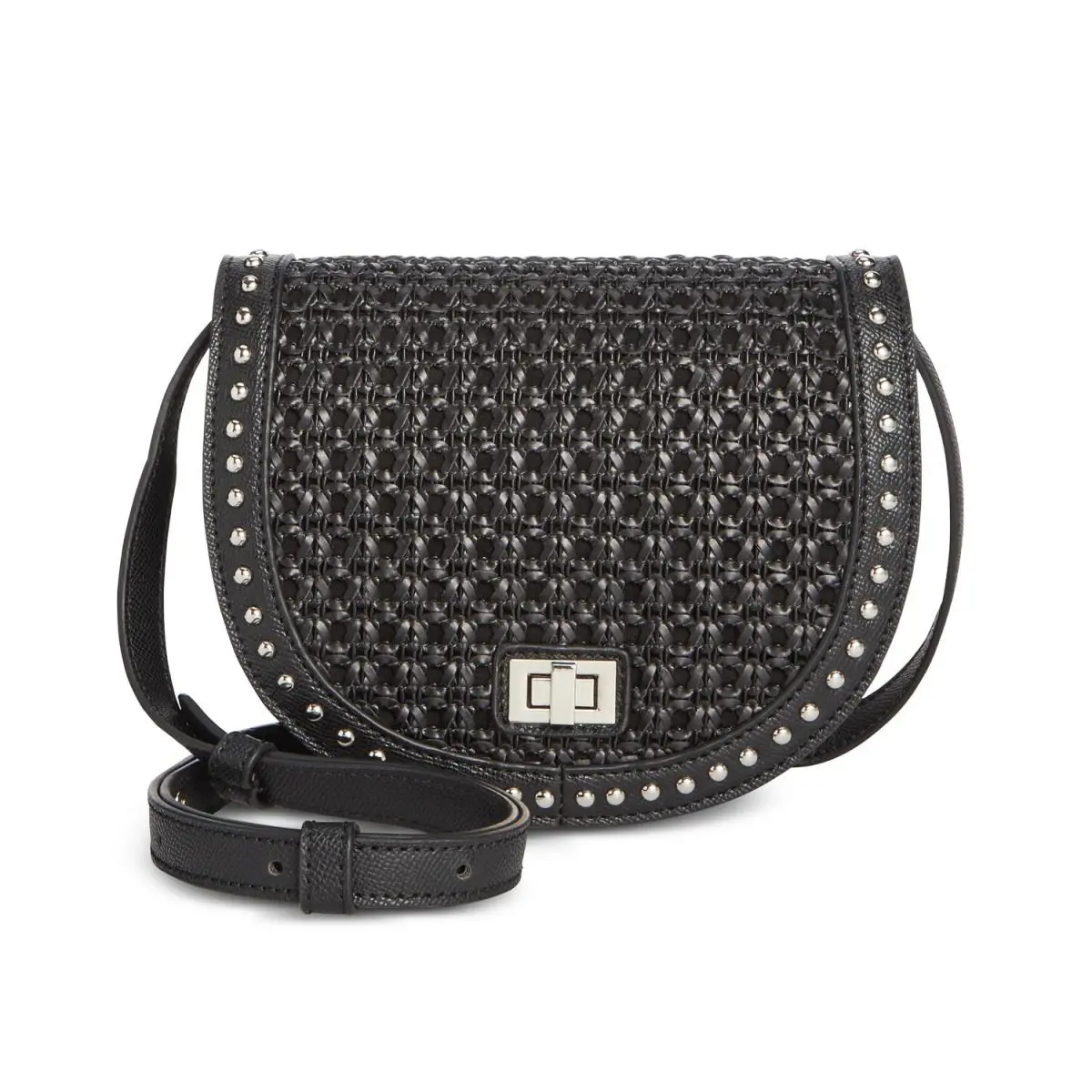 Steve Madden Merrit Black Crossbody Curved Woven Studded Handbag - Retail