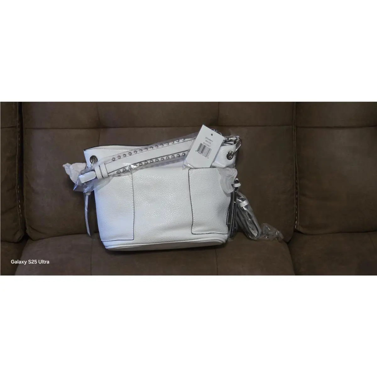 Steve Madden Handbag White Silver Sammy Hobo Bucket Satchel with Two Straps