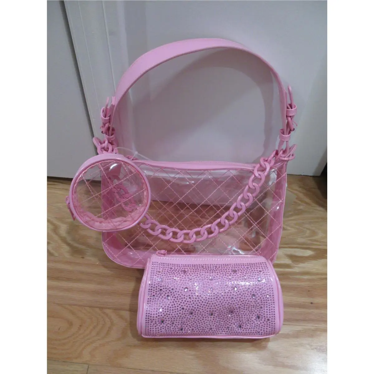 Steve Madden 3 Piece Set Clear Pink Shoulder Bag Handbag Purse Pouch Case