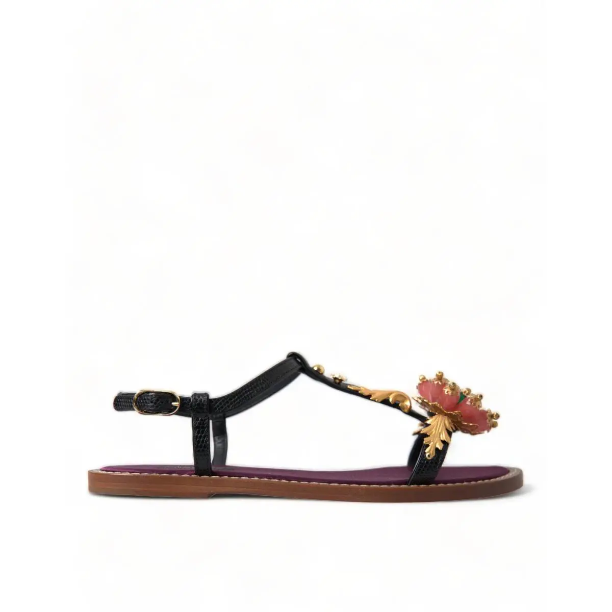 Dolce Gabbana Black Crystal Gold Sandals Leather Shoes by Dolce & Gabbana