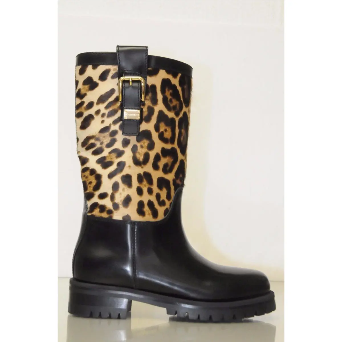 Dolce Gabbana Black Leather Leopard Pony Moto Boots Flat Shoes 35