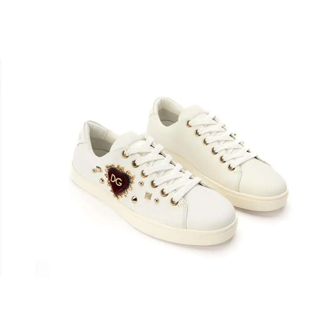 Dolce Gabbana Women`s White Leather Gold Red Heart Shoes Sneakers Eusize 41