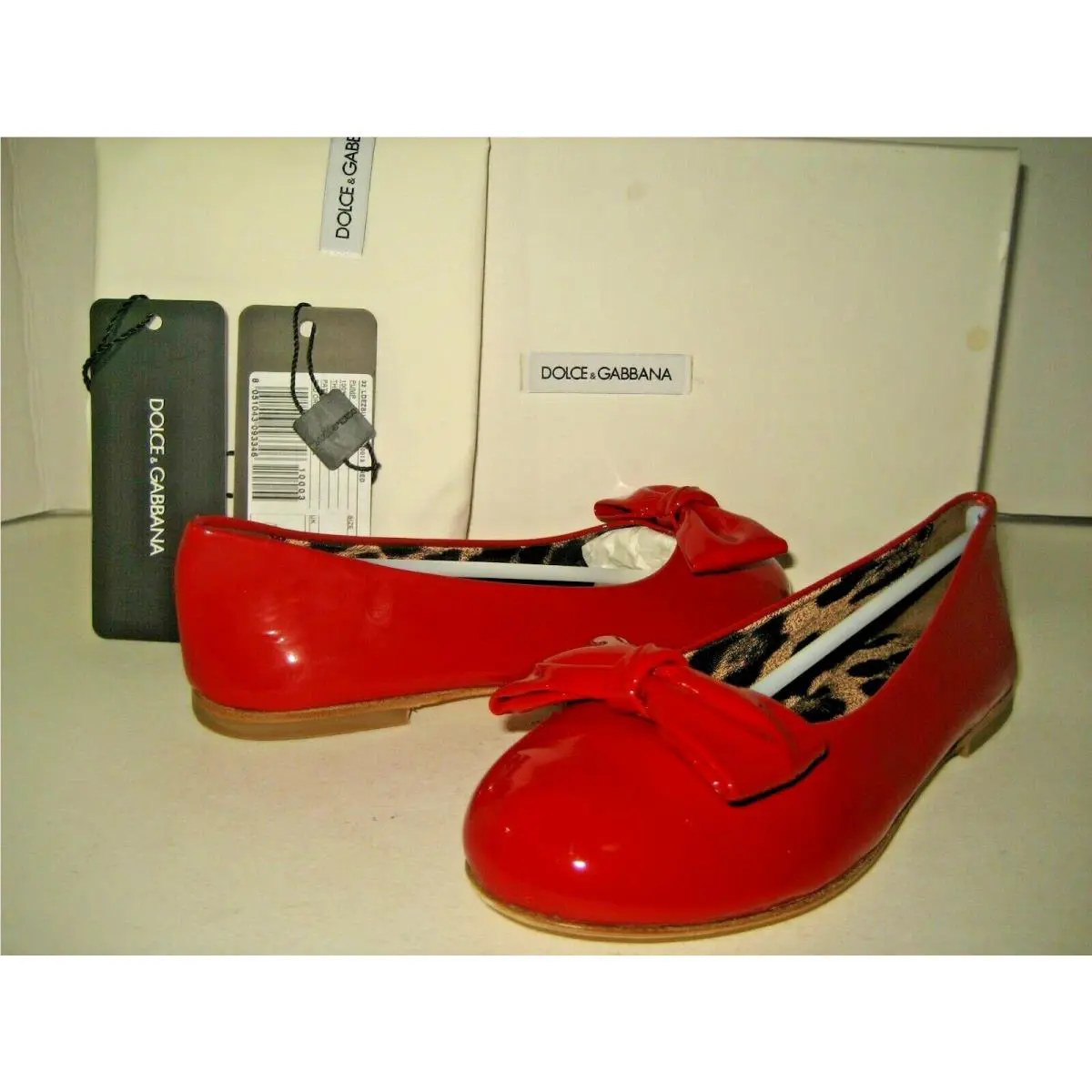 Dolce Gabbana D G Girls Youth US 13 Red Leather Bow Flats Ballet Shoes