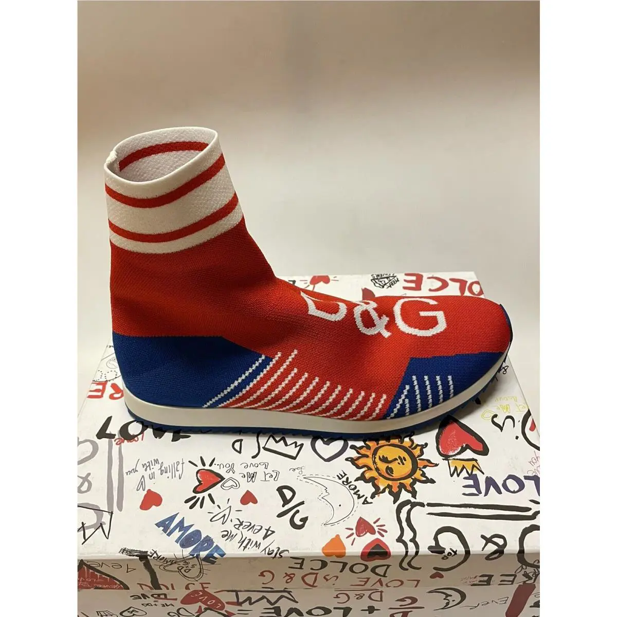 Dolce Gabbana Men`s Sorrento Sock Sneakers Red Blue Size 10.5 US / 43.5 EU