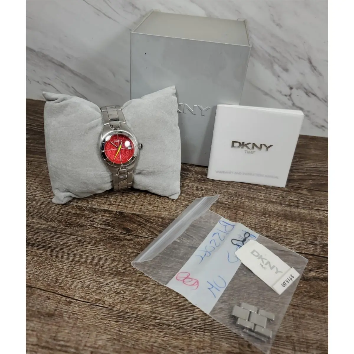 Women`s Dkny All Stainless Steel Two-tone Bright Red Dial Bracelet Watch NY5017