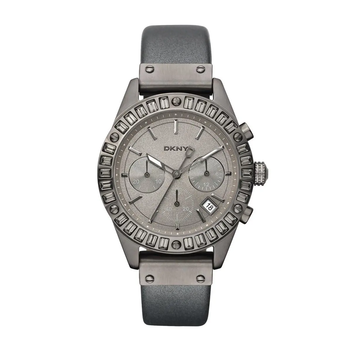 New-dkny Gunmetal Pewter Leather Band+crystal Chrono Dial+date WATCH-NY8653+BOX by DKNY