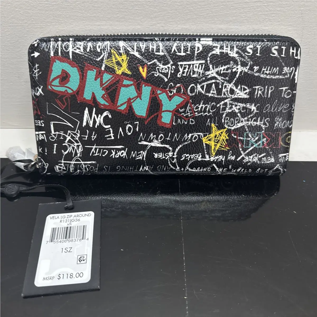 Dkny Vela Large Size Zip Around Wallet Clutch Black Graffiti Print