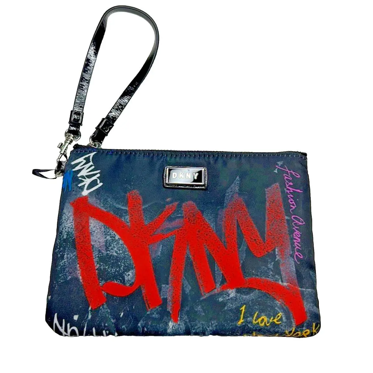Dkny Black Red Nylon Graffiti Print Wristlet Wallet Silver Hardware