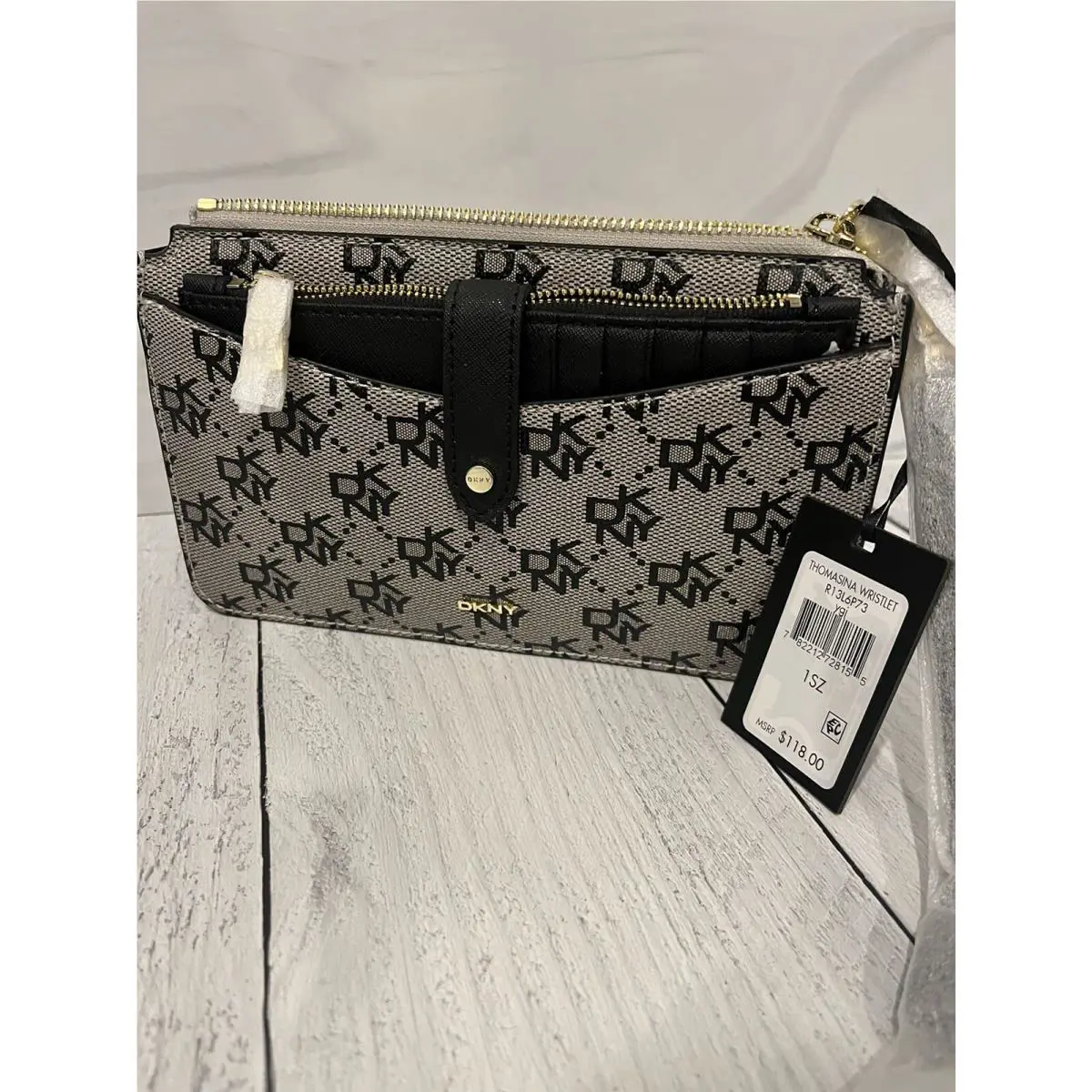 Dkny Thomasina Wristlet Dkny Logo Black Gold Hardware