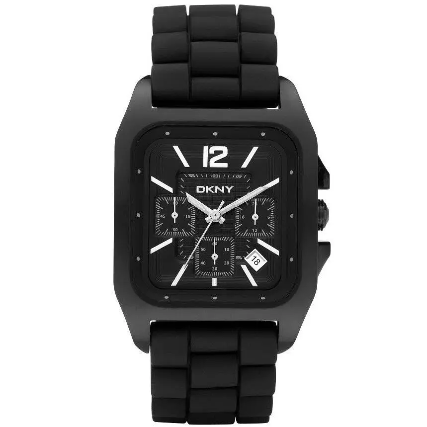 Dkny Black Silicone Band+rectangle S/steel Chronograph Dial+silver Watch NY1461