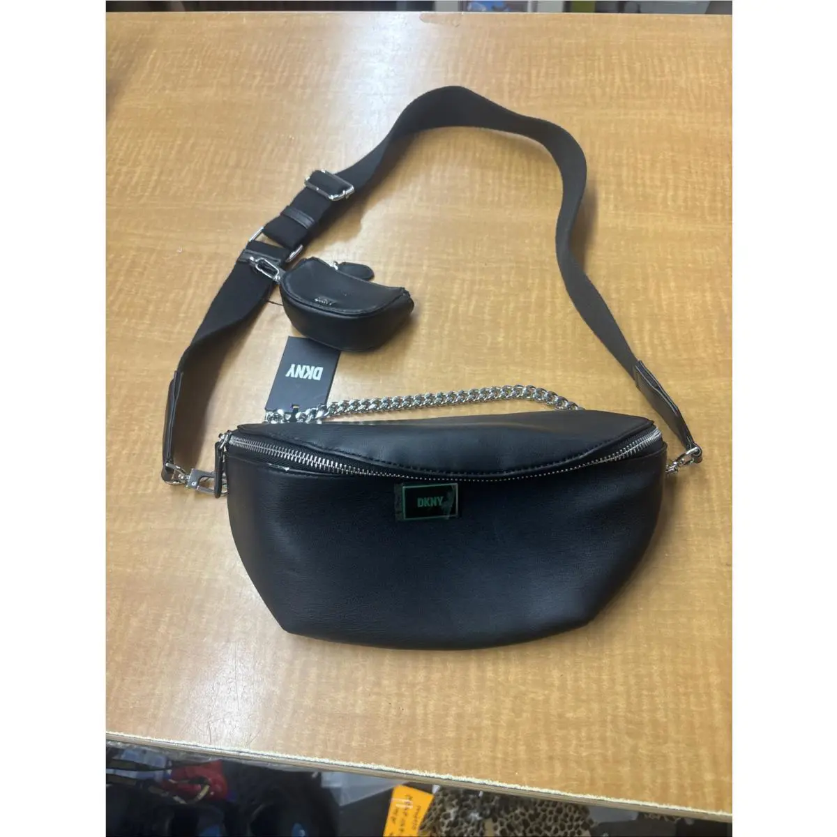 Dkny Astrid Sling Belt Bag Black Wallet with Silver Chain Funny Pack Nwtag