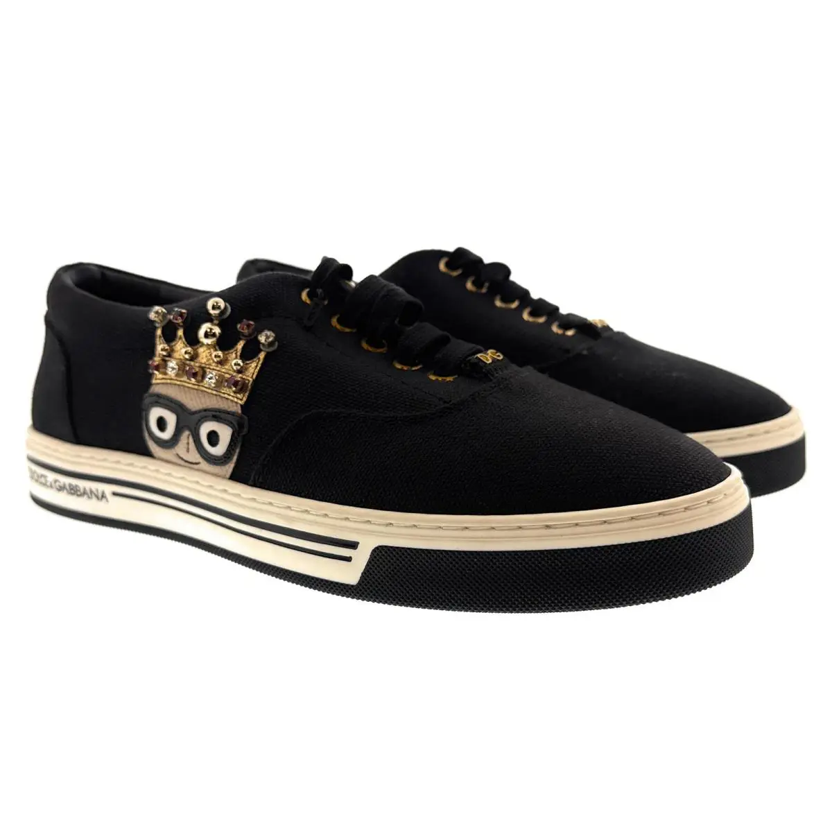 Dolce Gabbana Men`s Black Canvas Sneakers with Crown Cartoon Patch-EU39
