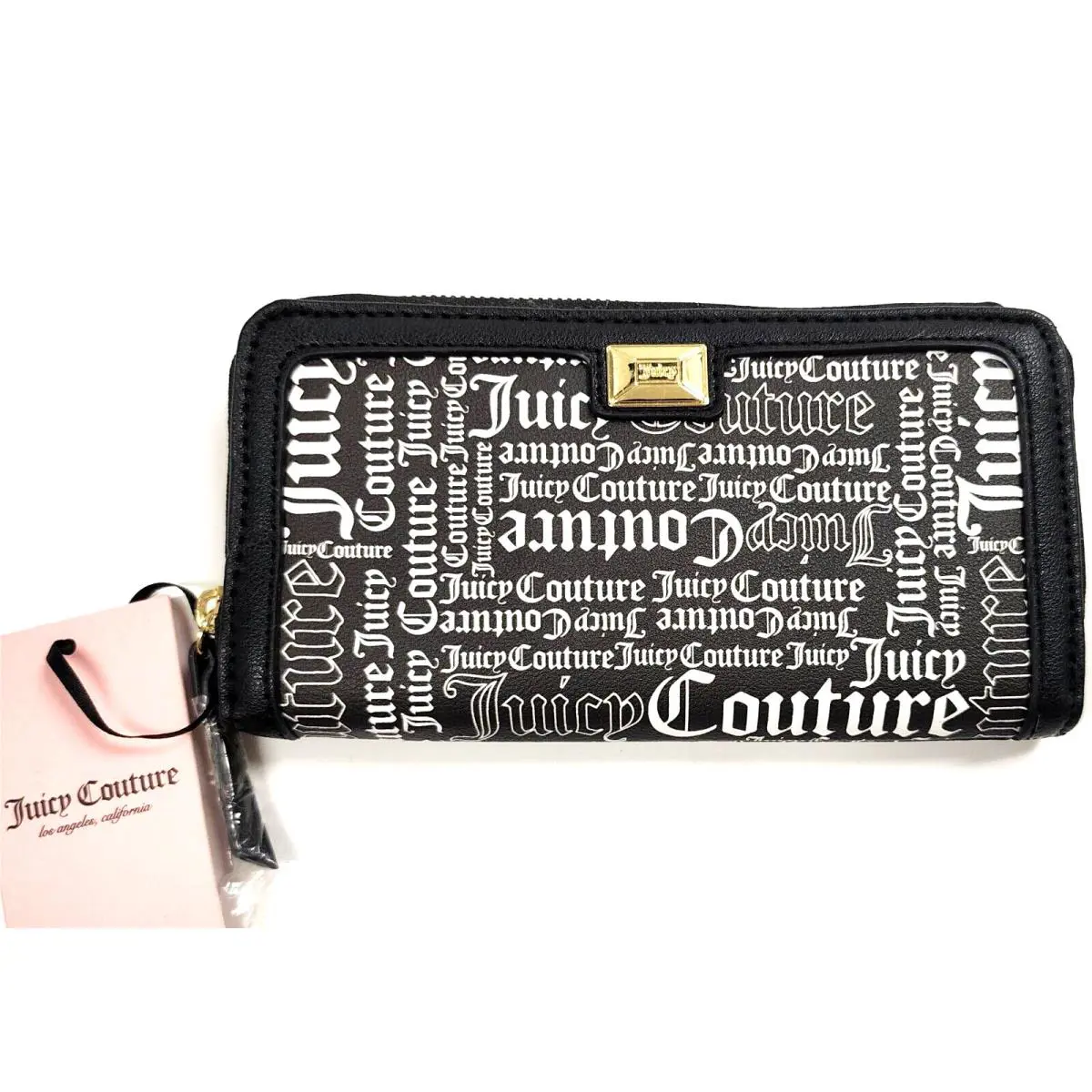 Juicy Couture Black Logo Written Gold Logo Zip Around Leatherette Wallet
