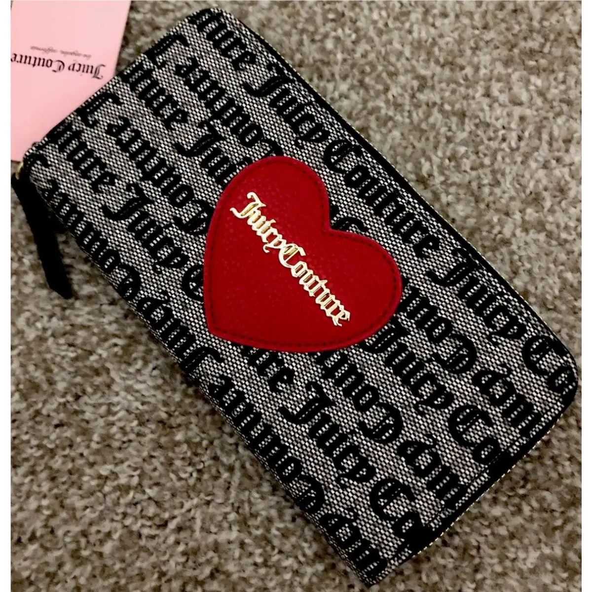 Juicy Couture Women Goth Stat Black Red Heart Logo Leather Wallet 8”x4.5” Large