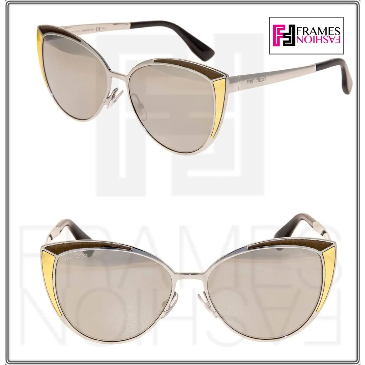 Jimmy Choo Domi Palladium Mirrored Bronze Leather Cat Eye Metal Sunglasses