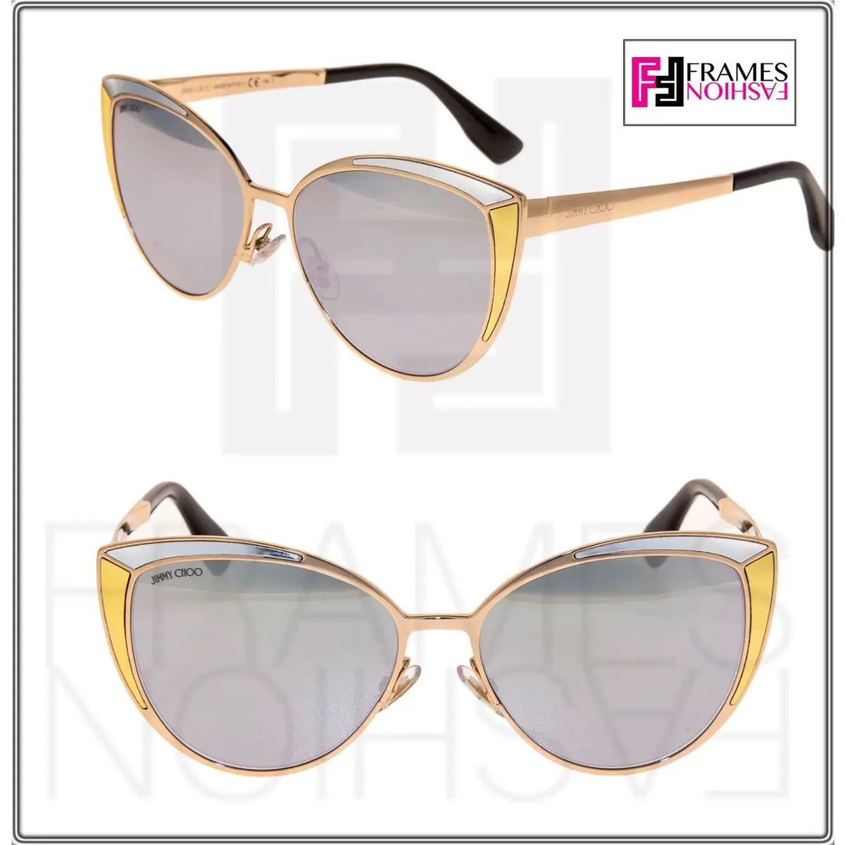 Jimmy Choo Domi Rose Gold Silver Mirrored Cat Eye Metal Leather Sunglasses