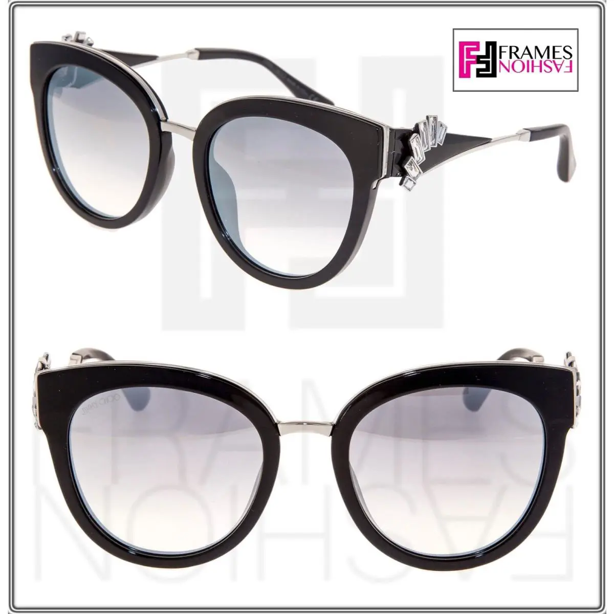 Jimmy Choo Jade Black Silver Mirrored Detachable Crystal Jewel Fan Sunglasses