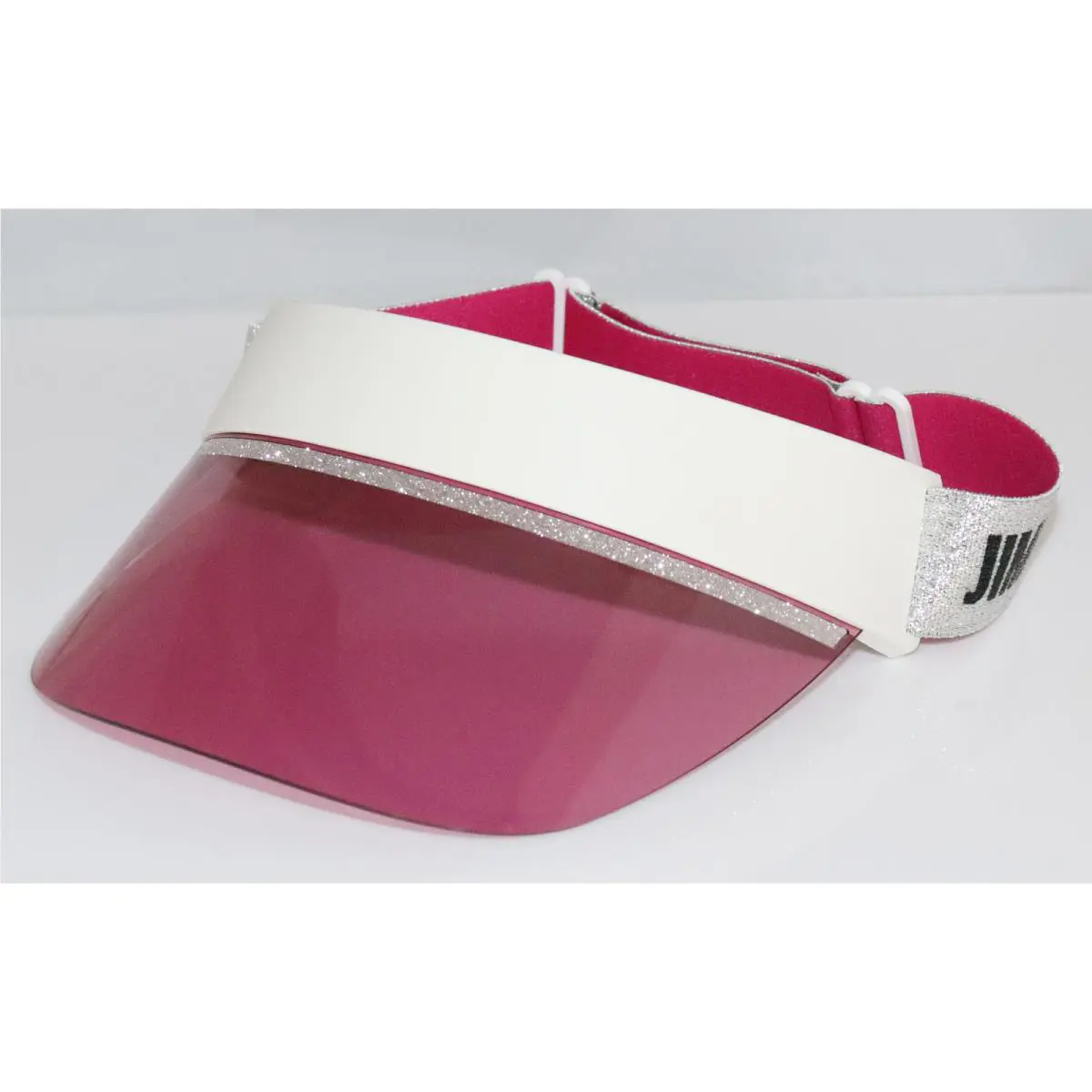 Women`s Jimmy Choo Calix VK600 White Silver Glitter Rose Sun Visor