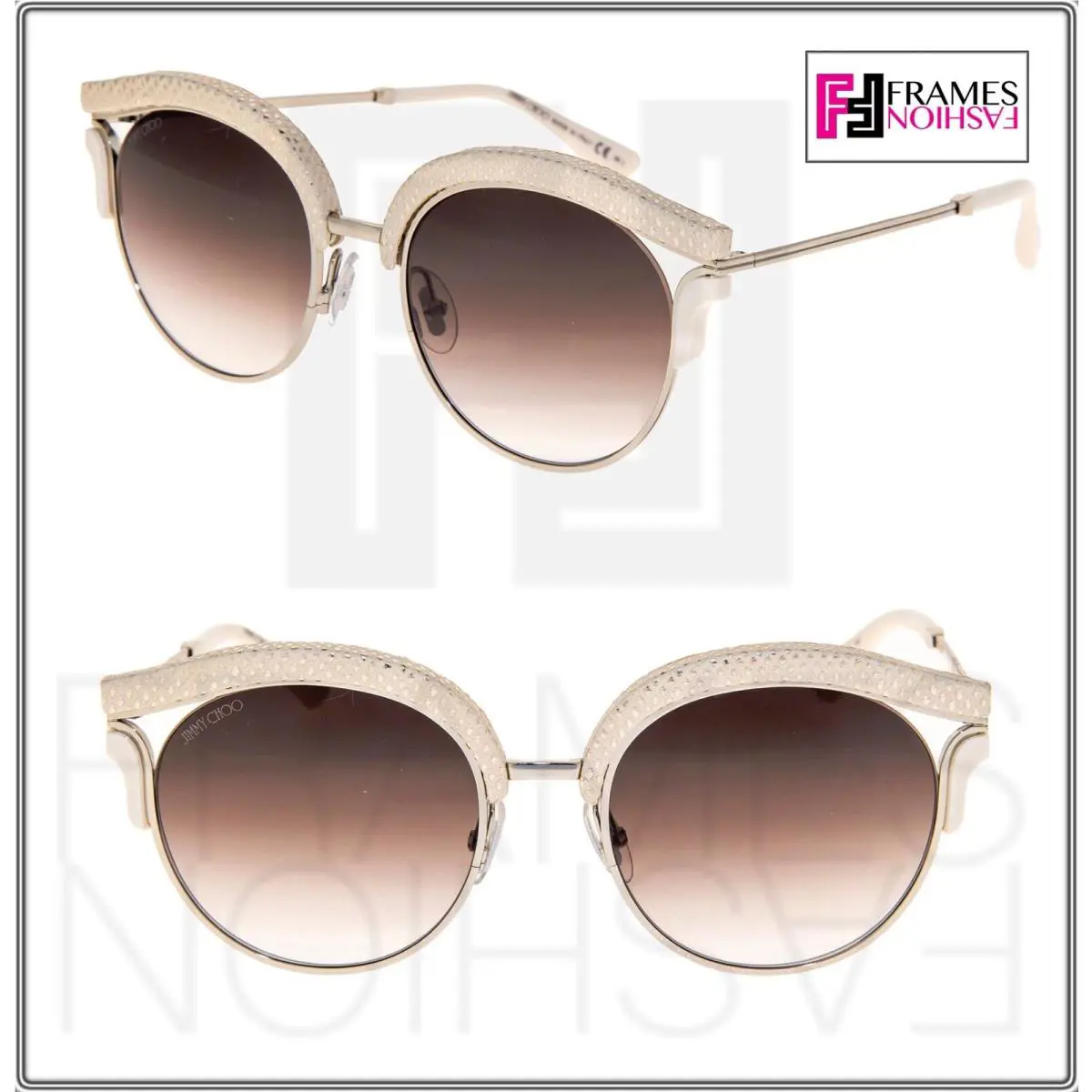 Jimmy Choo Lash Silver Taupe Leather Glitter Stud Metal Cat Eye Sunglasses - PTFJS, Frame: Silver Taupe, Lens: Brown