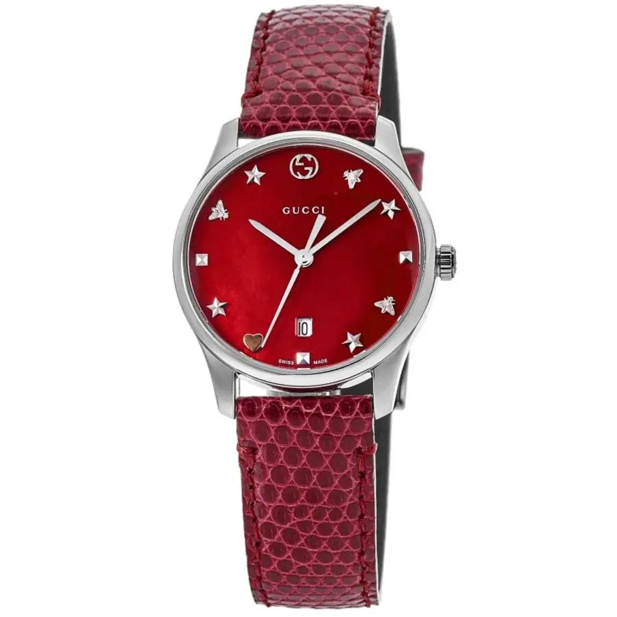 Gucci G-timeless Red Mother of Pearl Dial Leather Women`s Watch YA126584