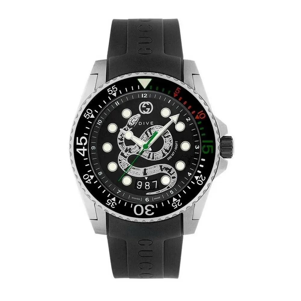 Gucci Dive 45mm Stainless Steel Case with Black Rubber Strap Men`s Wristwatch