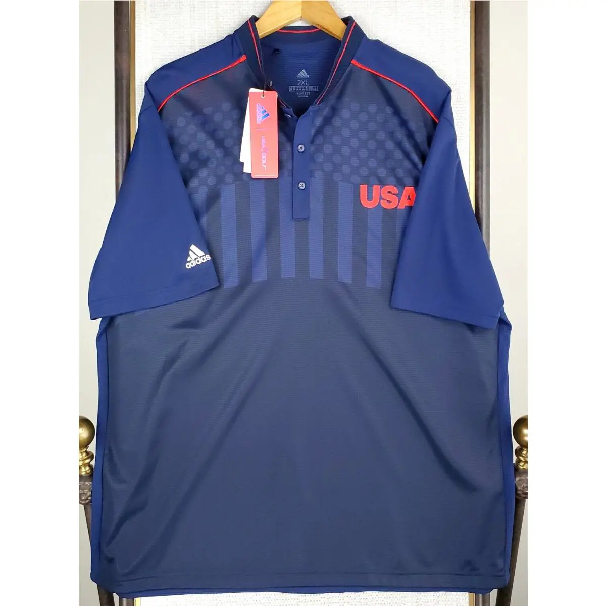 Adidas clothing - short sleeve performance golf tennis casual UV Protection breathable button up front down mens size wicking stretchy adidas trefoil collar nwt size L usa olympics ryder cup henley collar Heat Rdy - Blue 15