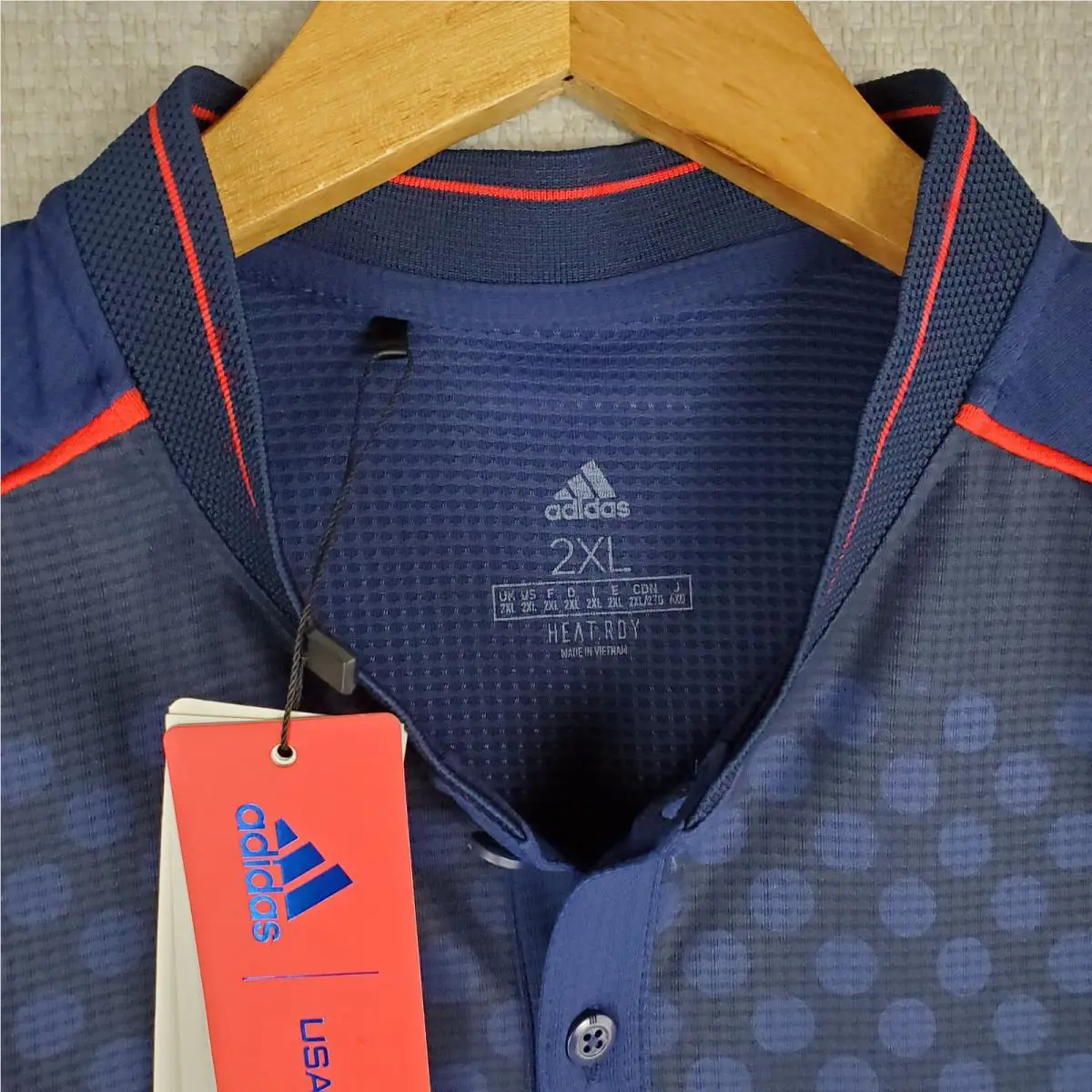 Adidas clothing - short sleeve performance golf tennis casual UV Protection breathable button up front down mens size wicking stretchy adidas trefoil collar nwt size L usa olympics ryder cup henley collar Heat Rdy - Blue 12