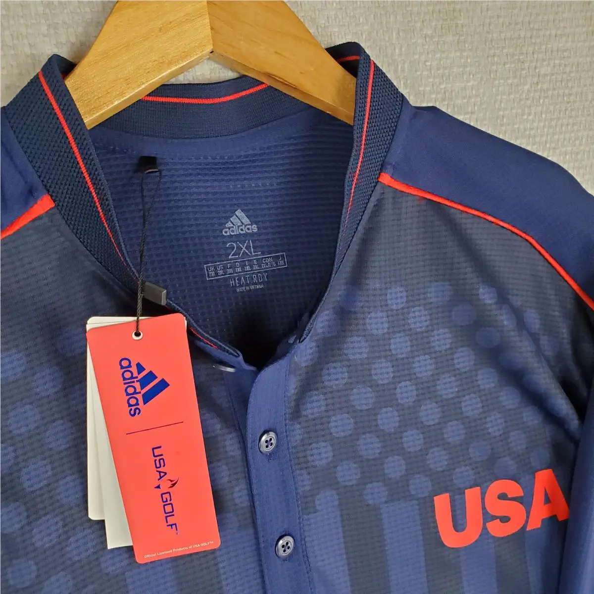 Adidas clothing - short sleeve performance golf tennis casual UV Protection breathable button up front down mens size wicking stretchy adidas trefoil collar nwt size L usa olympics ryder cup henley collar Heat Rdy - Blue 13