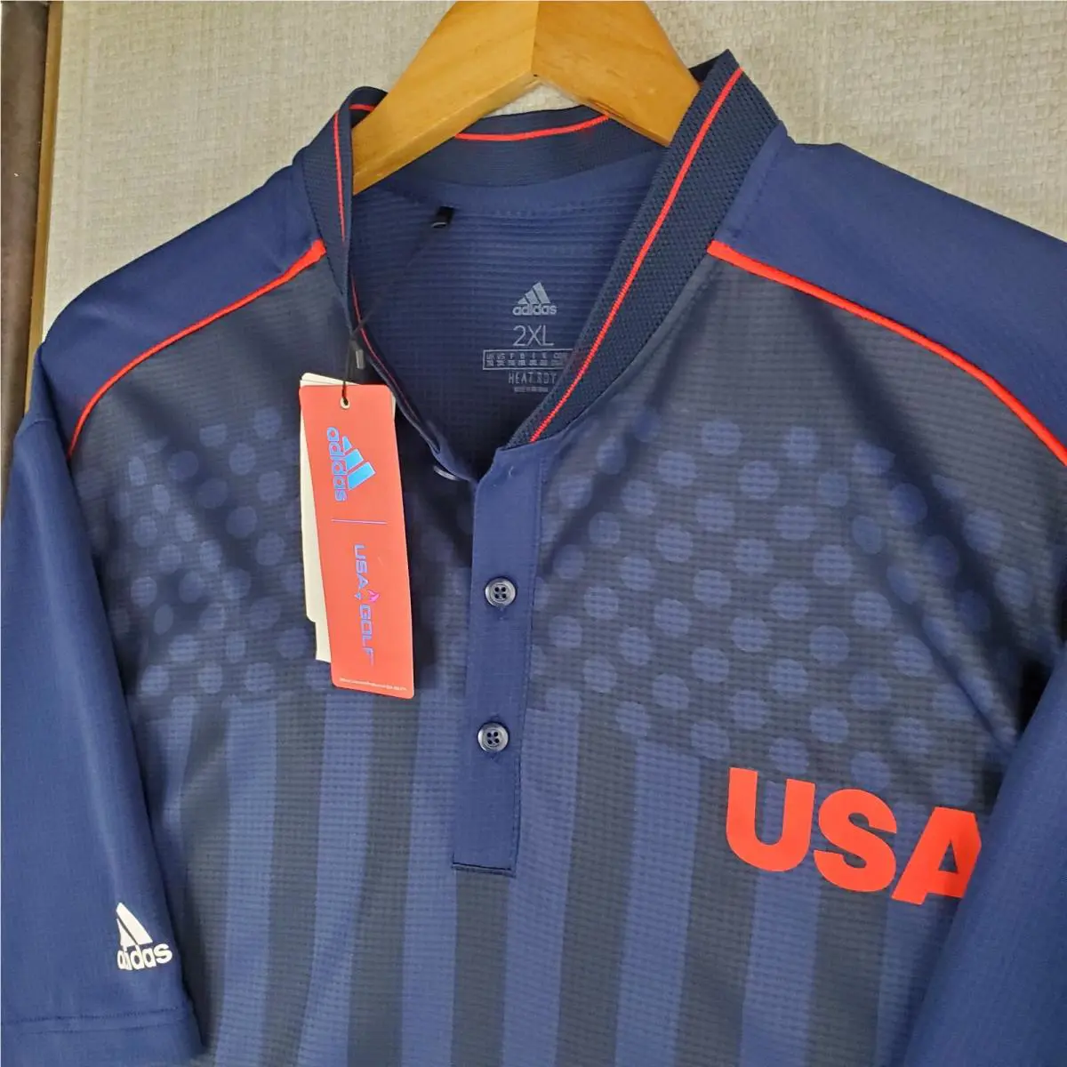 Adidas clothing - short sleeve performance golf tennis casual UV Protection breathable button up front down mens size wicking stretchy adidas trefoil collar nwt size L usa olympics ryder cup henley collar Heat Rdy - Blue 14
