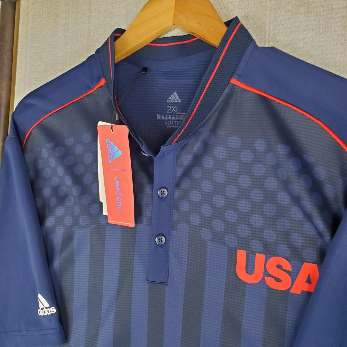 Adidas clothing - short sleeve performance golf tennis casual UV Protection breathable button up front down mens size wicking stretchy adidas trefoil collar nwt size L usa olympics ryder cup henley collar Heat Rdy - Blue 15