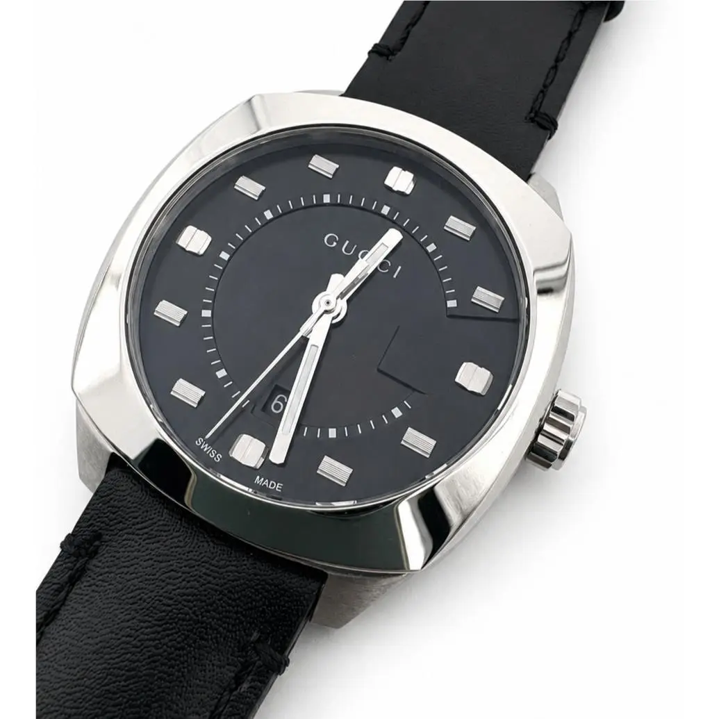 Gucci GG2570 Black Dial Black Leather Strap Swiss Men`s Quartz Watch - YA142307