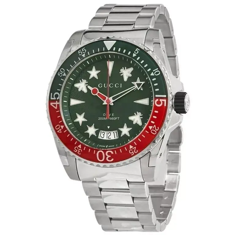 Gucci Dive Men`s Green Dial Stainless Steel Watch - YA136222 - Dial: Green, Band: Silver, Bezel: Green, Red