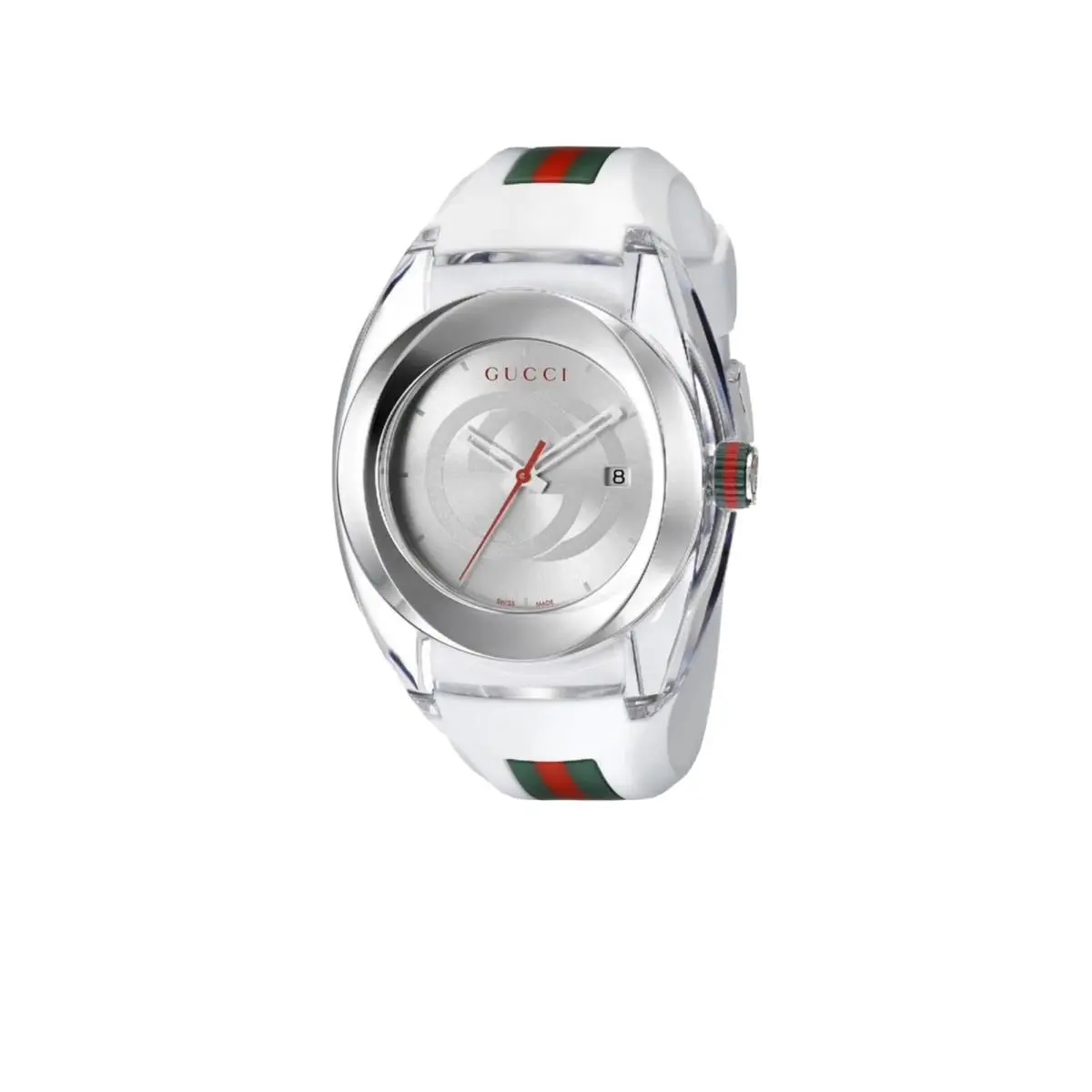 Gucci YA137102 Unisex Sync Xxl Rubber Swiss Quartz Watch - White - Dial: Silver, White, Band: Multicolor, Bezel: Silver