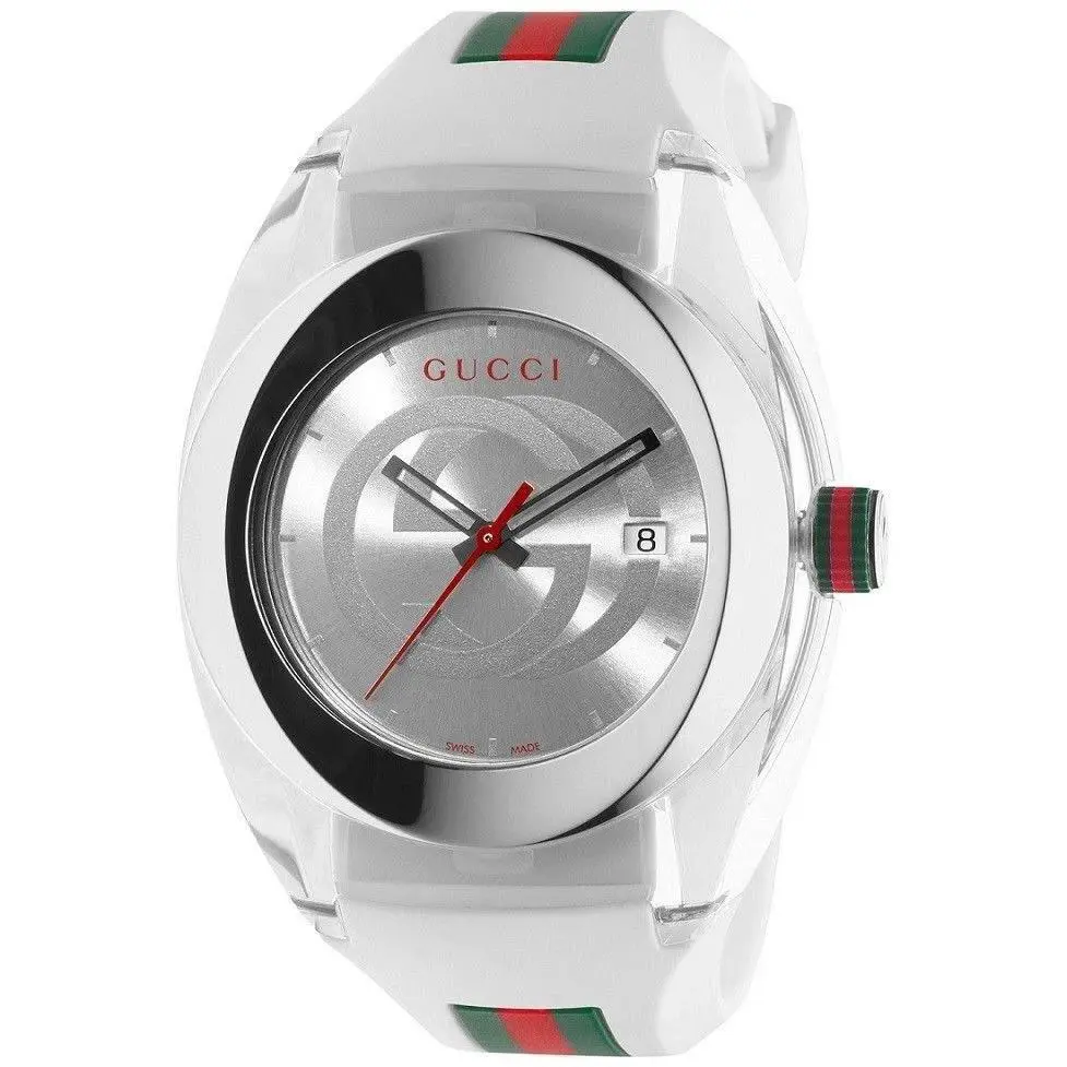 Gucci YA137102 Unisex Sync Xxl Rubber Swiss Quartz Watch - White - Dial: Silver, White, Band: Multicolor, Bezel: Silver