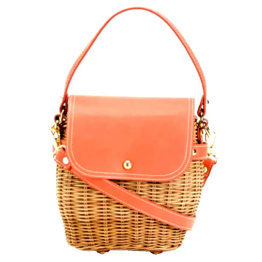 Tommy Bahama Small Flap Picnic Basket Cross-body Straw Bag Coral Leather Studs