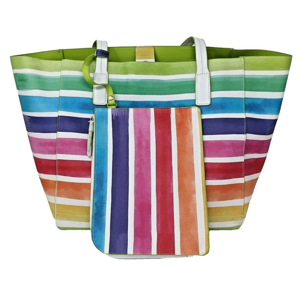 Tommy Bahama 2-PC Set Rainbow Stripes LG Reversible Tote Bag Organizer Clutch