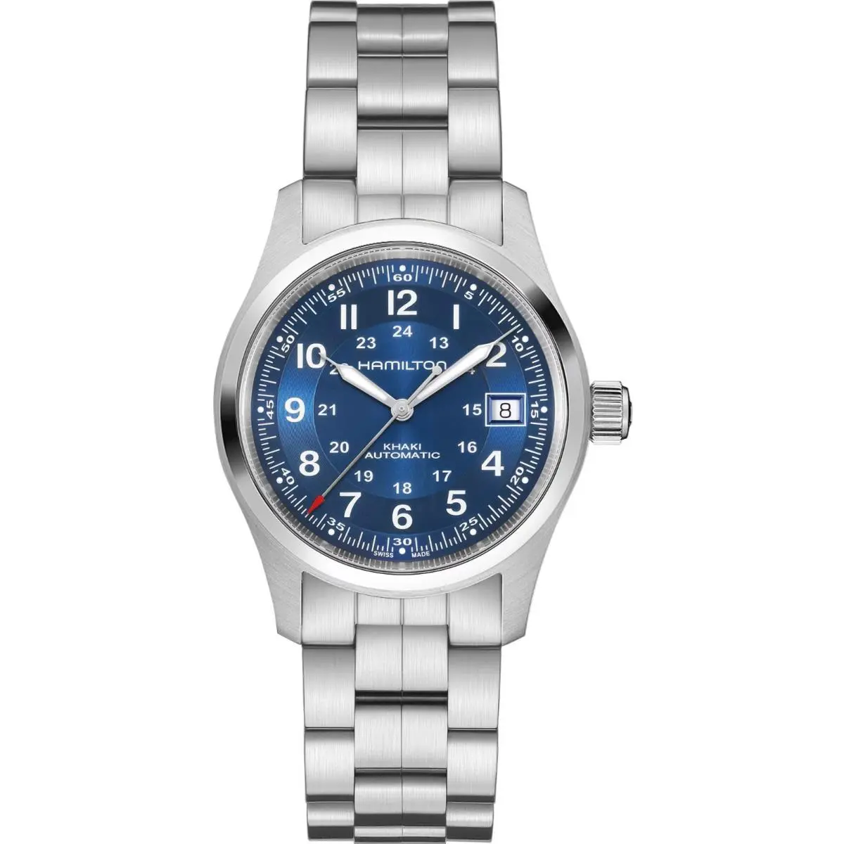 Hamilton Khaki Field Automatic H-10 Movement Blue Dial 38MM H70455140 - Dial: Blue, Band: Silver, Bezel: Silver
