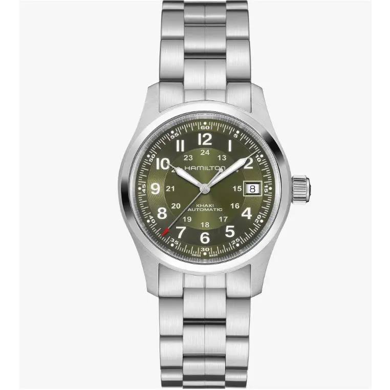 Hamilton Khaki Field Automatic Green Dial Silver Men`s Watch H70455160 - Dial: Green, Band: Silver, Bezel: Silver