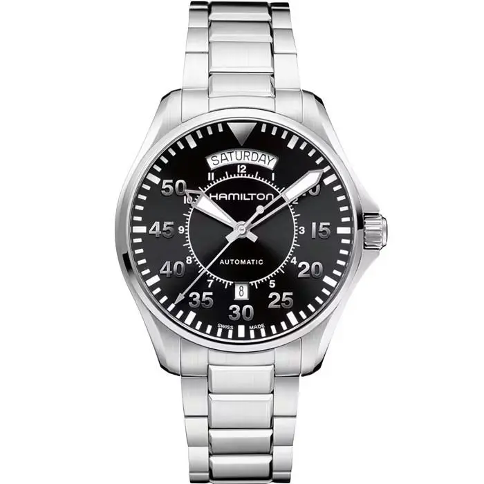 Hamilton Khaki Aviation Pilot Day Date Auto Men`s Watch H64615135 - Dial: Black, Band: Silver, Bezel: Silver