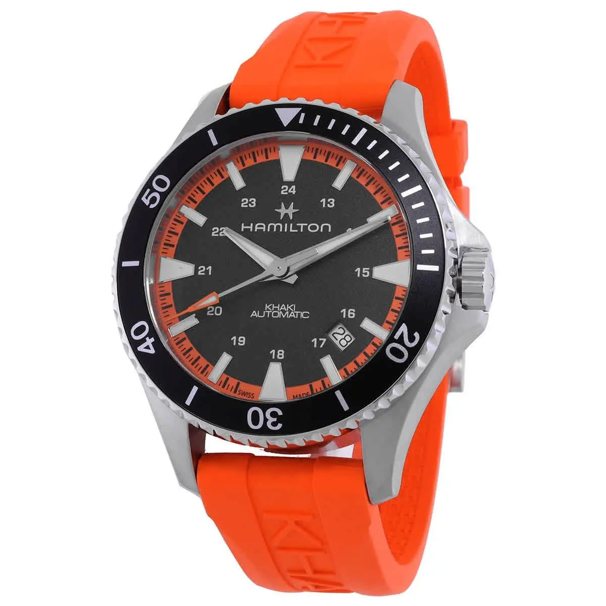 Hamilton Khaki Navy Scuba Automatic Black Dial Men`s Watch H82395331 - Dial: Black, Band: Orange, Bezel: Silver-tone